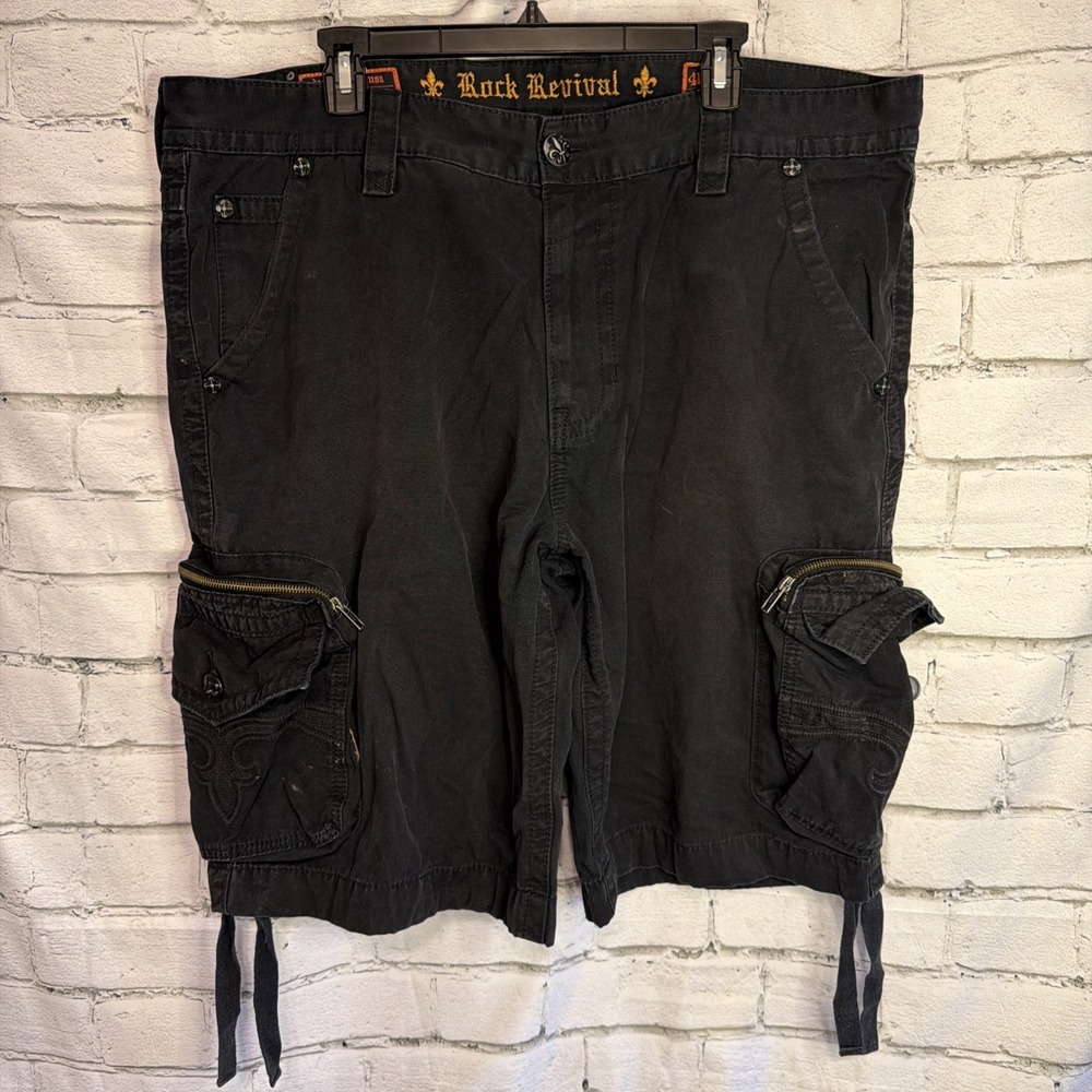 Rock Revival Shorts Mens 40 Black Cargo Relaxed Fit Baggy Fatigue Drawstring